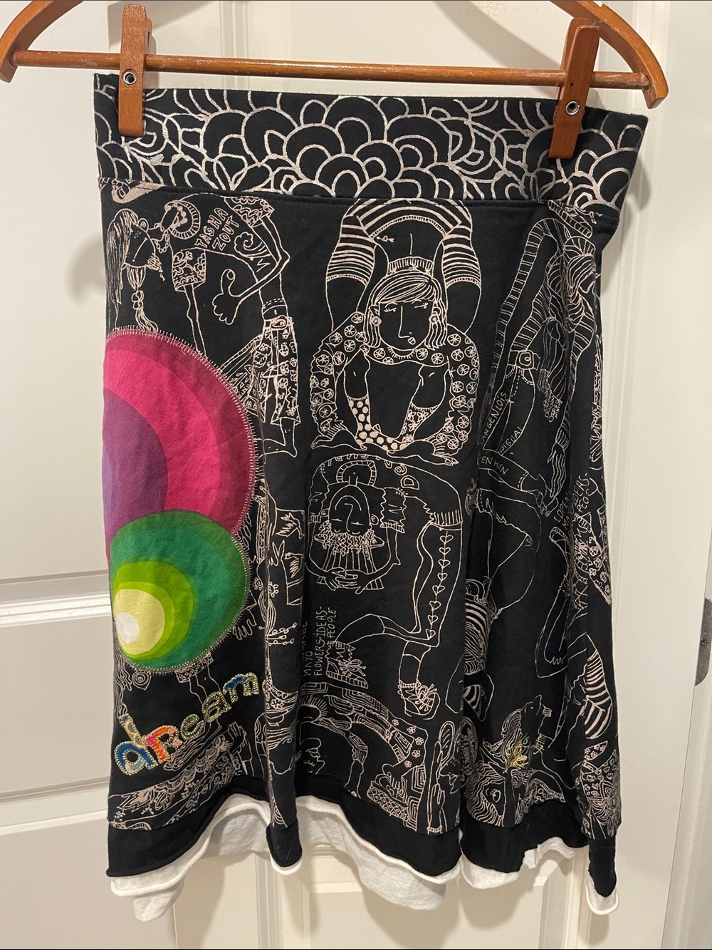 Black Graphic A-Line Skirt with Multicolor Circle Accent